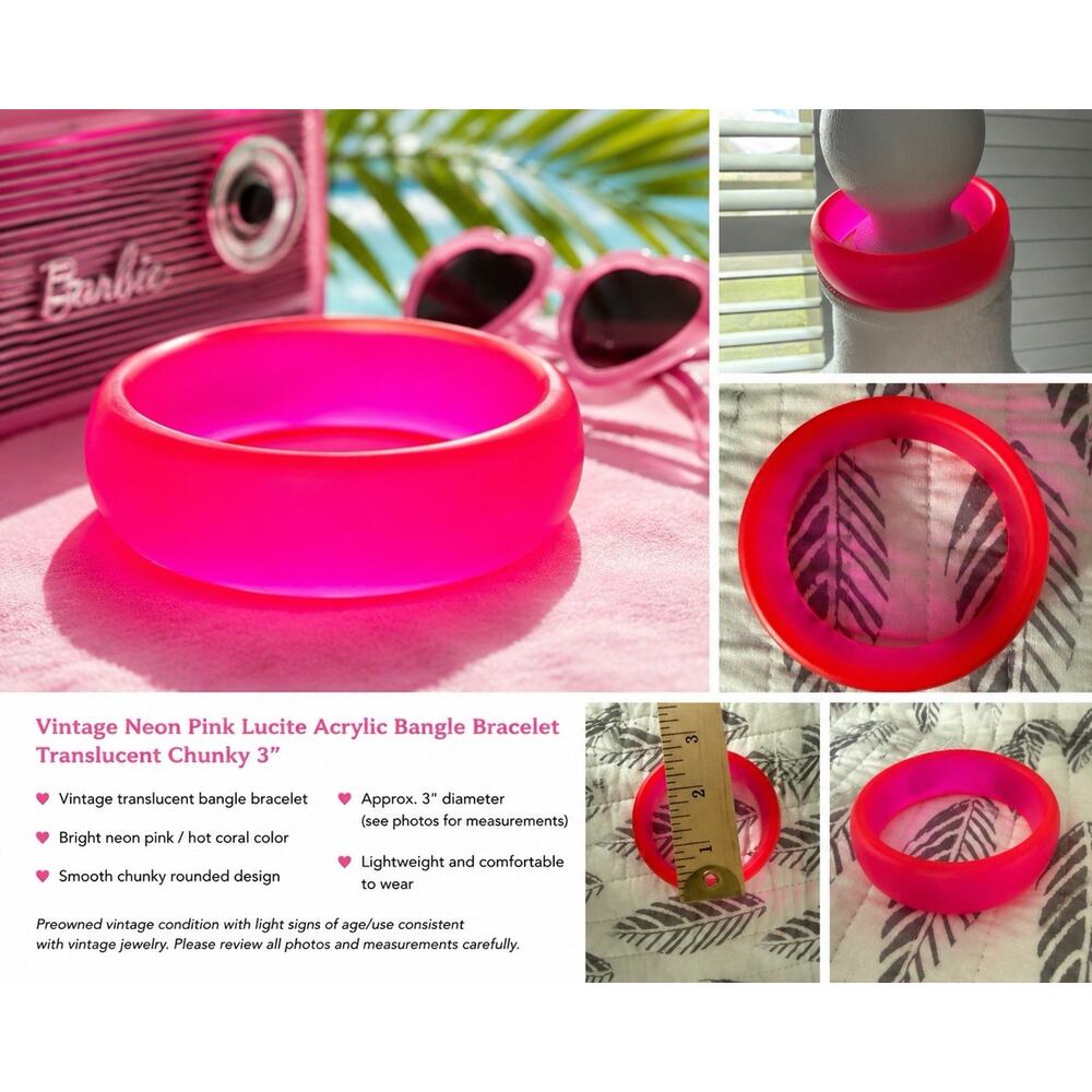 Vintage Neon Pink Lucite Acrylic Bangle Bracelet Translucent Chunky 3”